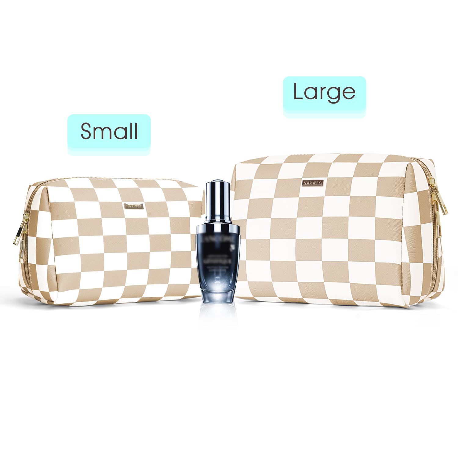 Large Vegan Leather Makeup Bag Zipper Pouch Travel Cosmetic Organizer for Women (Large, Light Checkerboard)