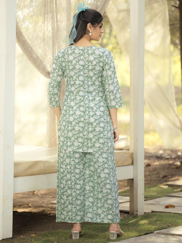 Pinkmint Womens Pure Cotton Co Ord Set l Flower Printed Co Ord Set l Stylish Pocket & 3/4 Sleeve Women Co-ord Set Light Green