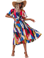 Kzully | Women A-Line Dress With Pleats, Has An V-Neck, Printed Top Comes With A Belt Blue