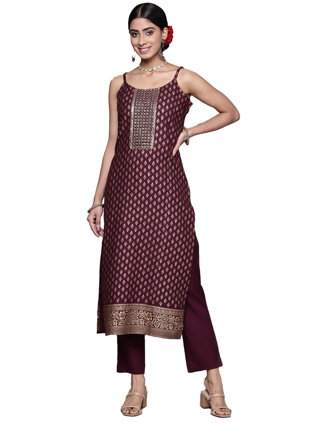 Ishin Women'S Viscose Rayon Printed Burgundy Straight Kurta Suit Set With Pants