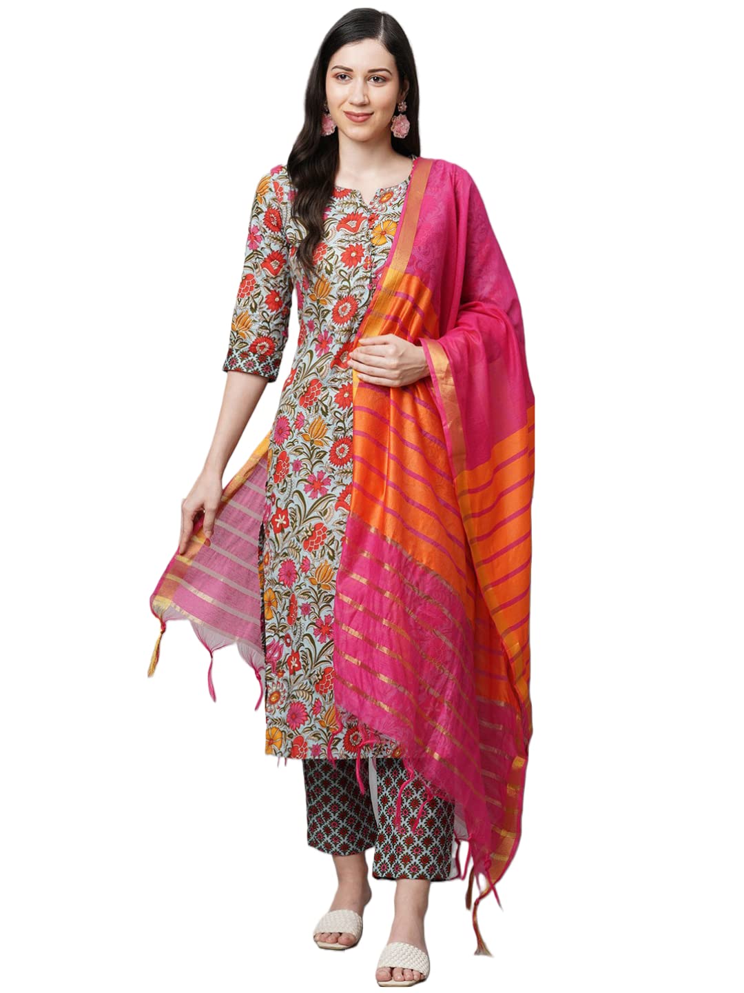 ANNI DESIGNER Women's Cotton Blend Straight Printed Kurta with Pant & Dupatta Set (Jakar Green_M_Green_Medium)