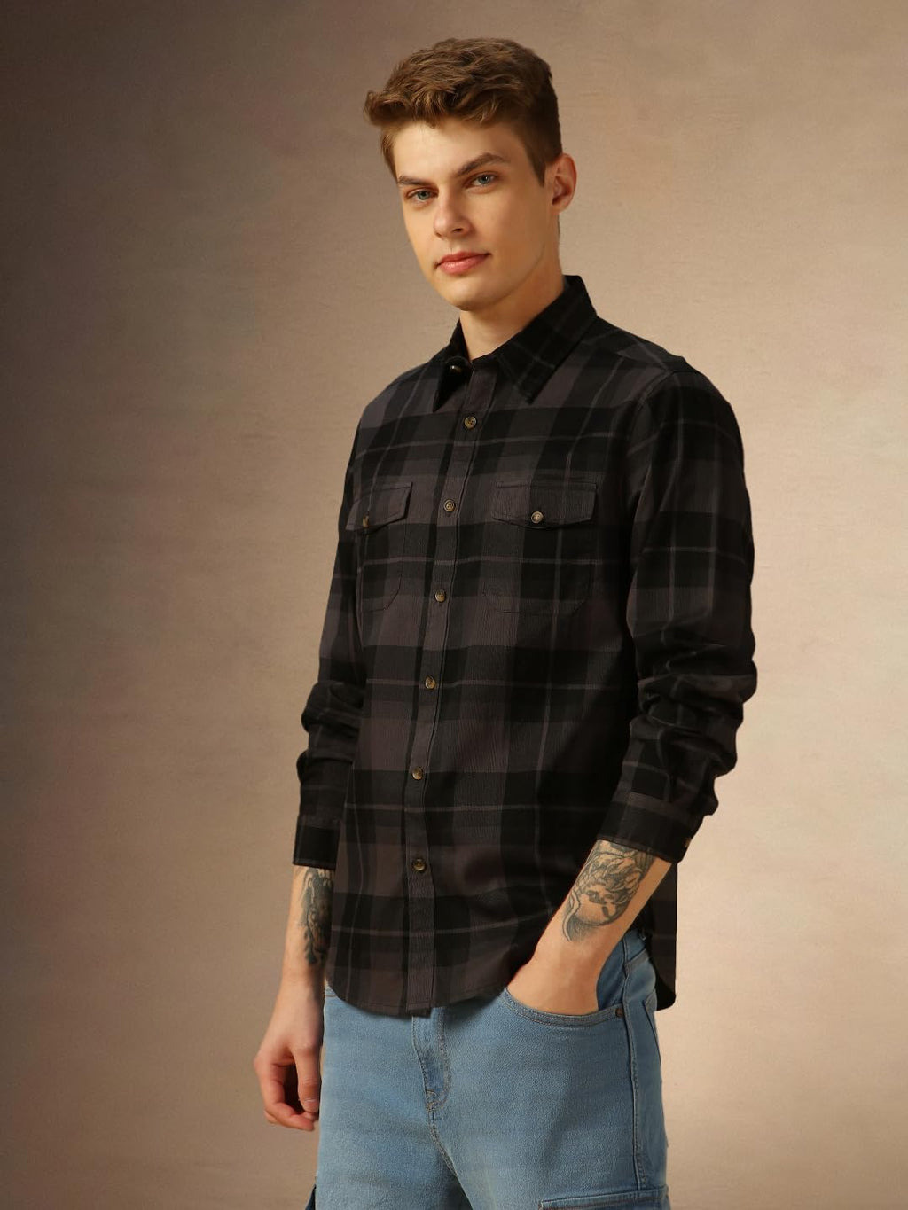 Dennis Lingo Men Grey Checks Cotton Regular Fit Full Sleeve Shirt