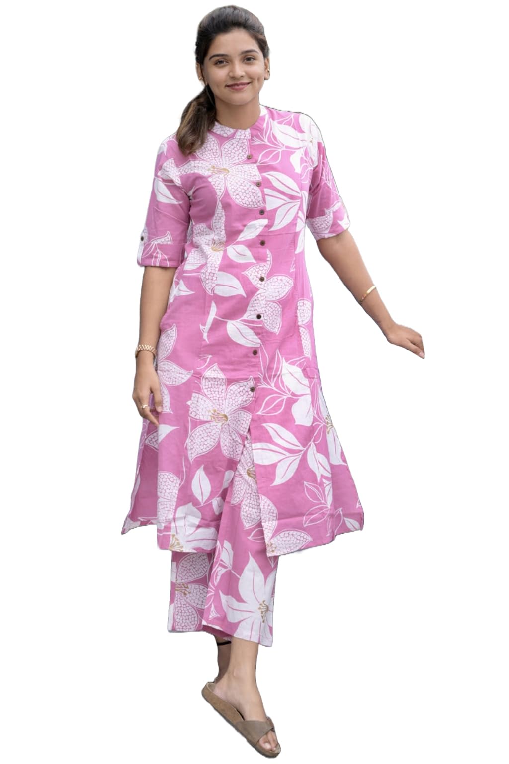 ANNI DESIGNER Womens Rayon Viscose Straight Printed Kurta with Pant (Sunoni Pink_M_Pink_Medium)