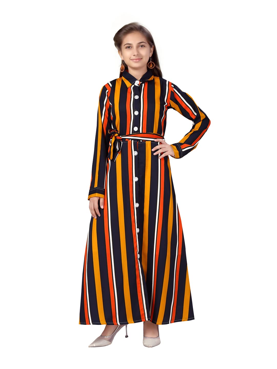 Aarika Girls Cotton Blend A-Line Ankle Length Dress (MD-A-22522_Yellow-Navy Blue