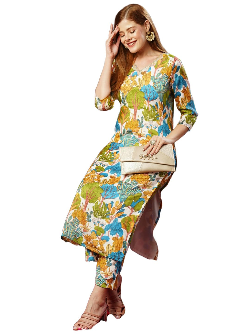 ANNI DESIGNER Womens Cotton Blend Straight Printed Kurta with Pant (Samlok Sky Blue_S_Sky Blue_Small)