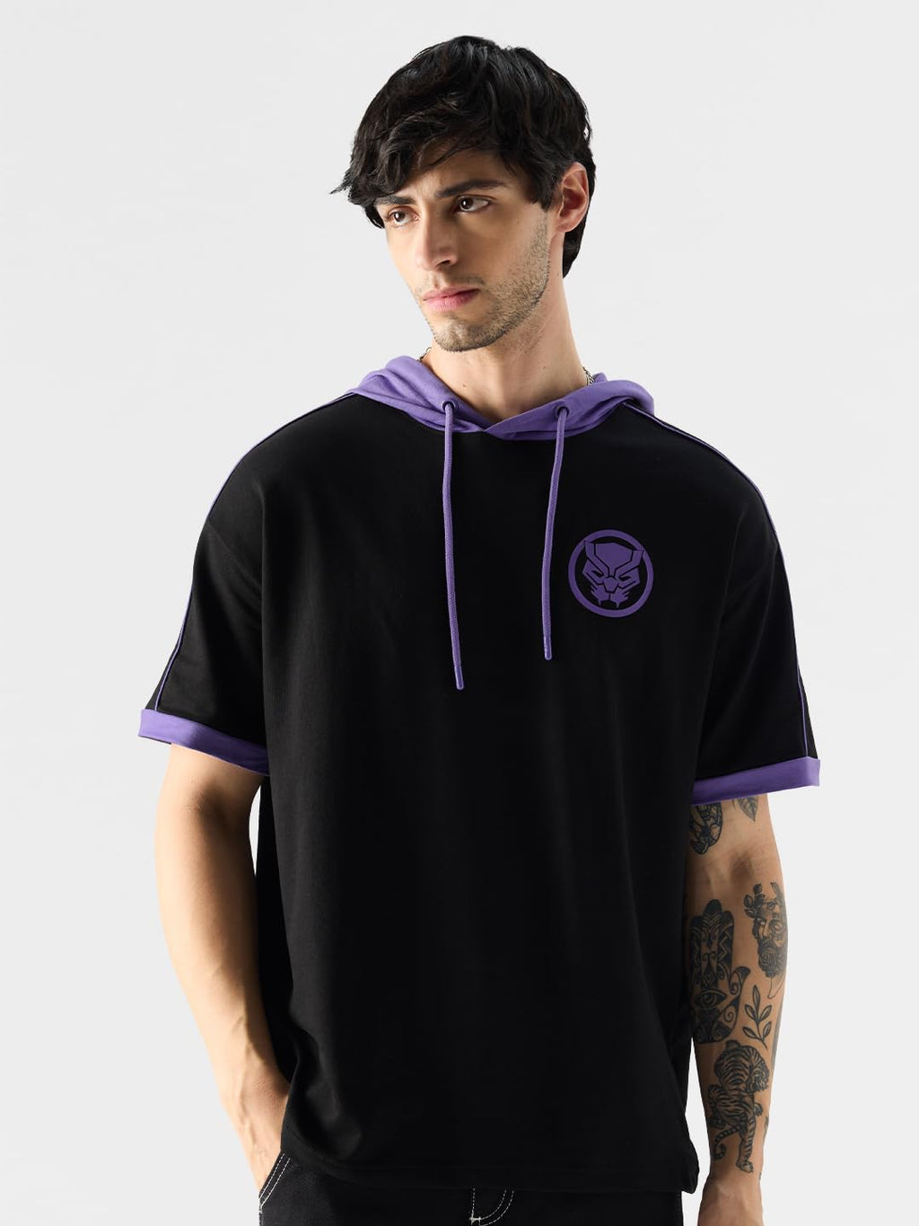 The Souled Store Black Panther: Wakanda Forever Men and Boys Graphic Print Short Sleeve Pull On Oversized Fit Hooded T-Shirts Ho