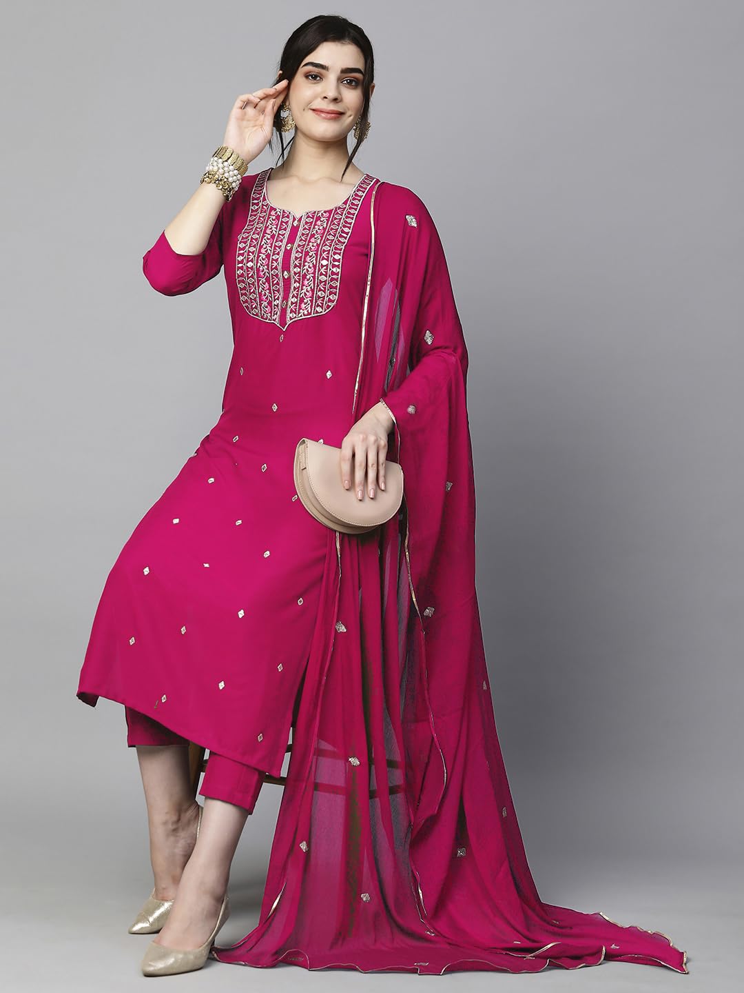 ANNI DESIGNER Ladies Cotton Blend Dupatta Kurta Trousers, pink, 3XL