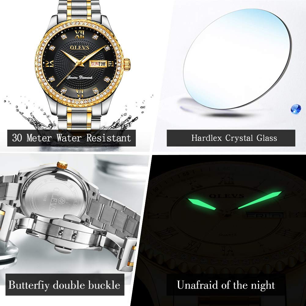 OLEVS Luxury Diamond Day Date Dress Watches for Men Black Dial Big Face Gold Bezel Luminous,Male Business Casual Analog Quartz W