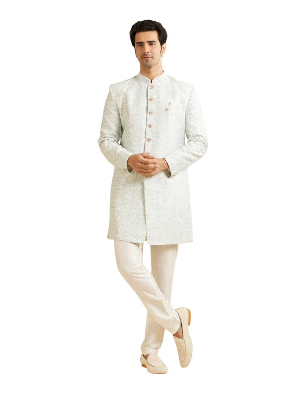 Manyavar MenS Art Silk Mandala Pattern Kurta Set (Warm White,S)
