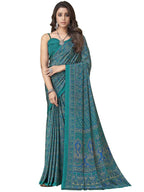 Satrani WomenS Silk Crepe Floral Printed Saree With Unstitched Blouse Piece(2858S2463N_Rama Green & Blue)