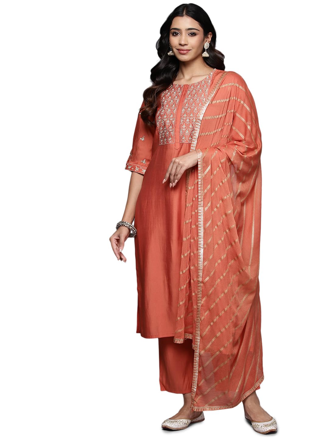 Libas Womens Coral Solid Silk Blend Straight Kurta Set With Dupatta, Xl