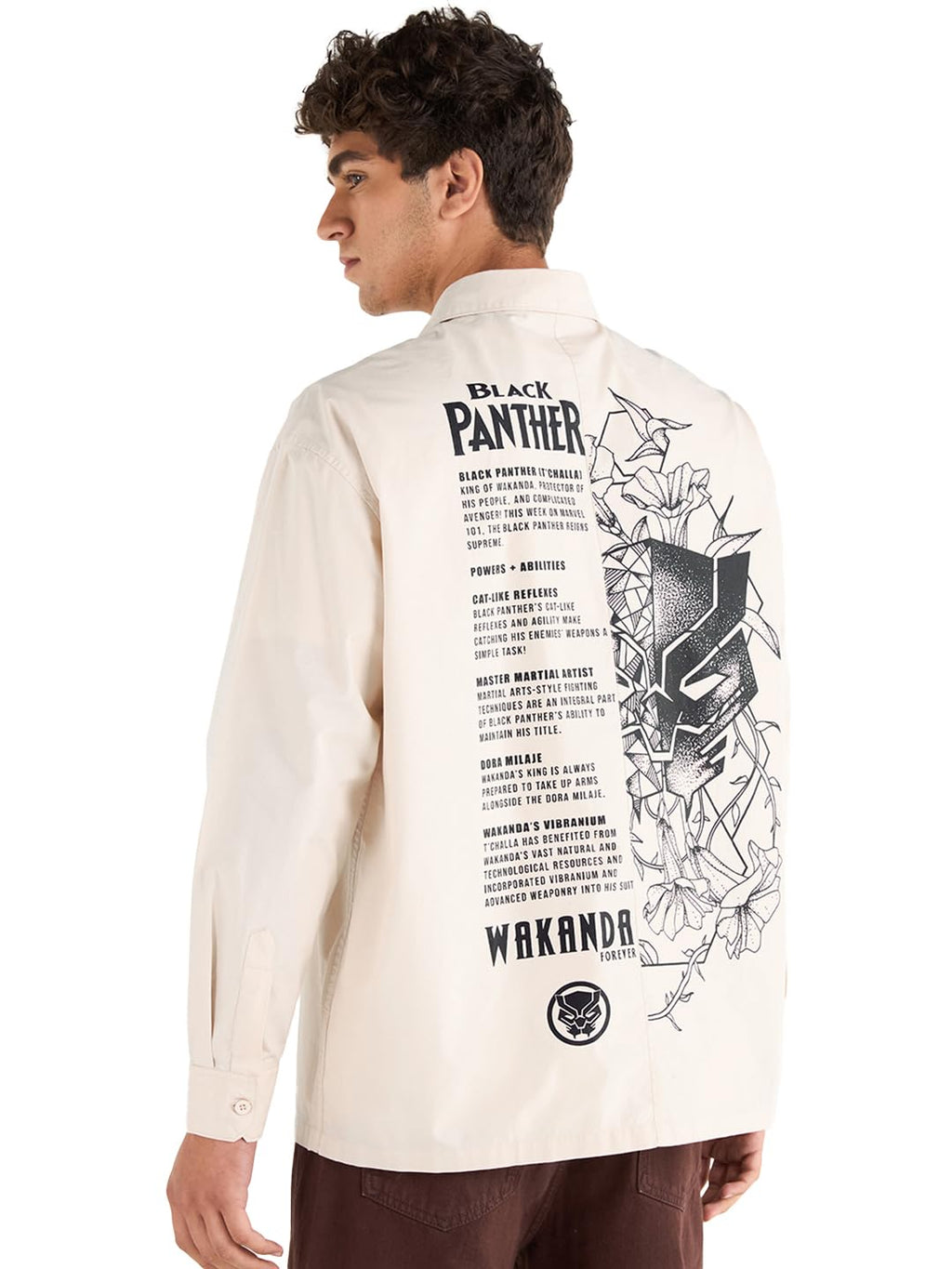 Bewakoof Official Marvel Merchandise Mens Graphic Print Oversized Fit Full Sleeve Collared Poplin Shirt_666763_Beige_XL