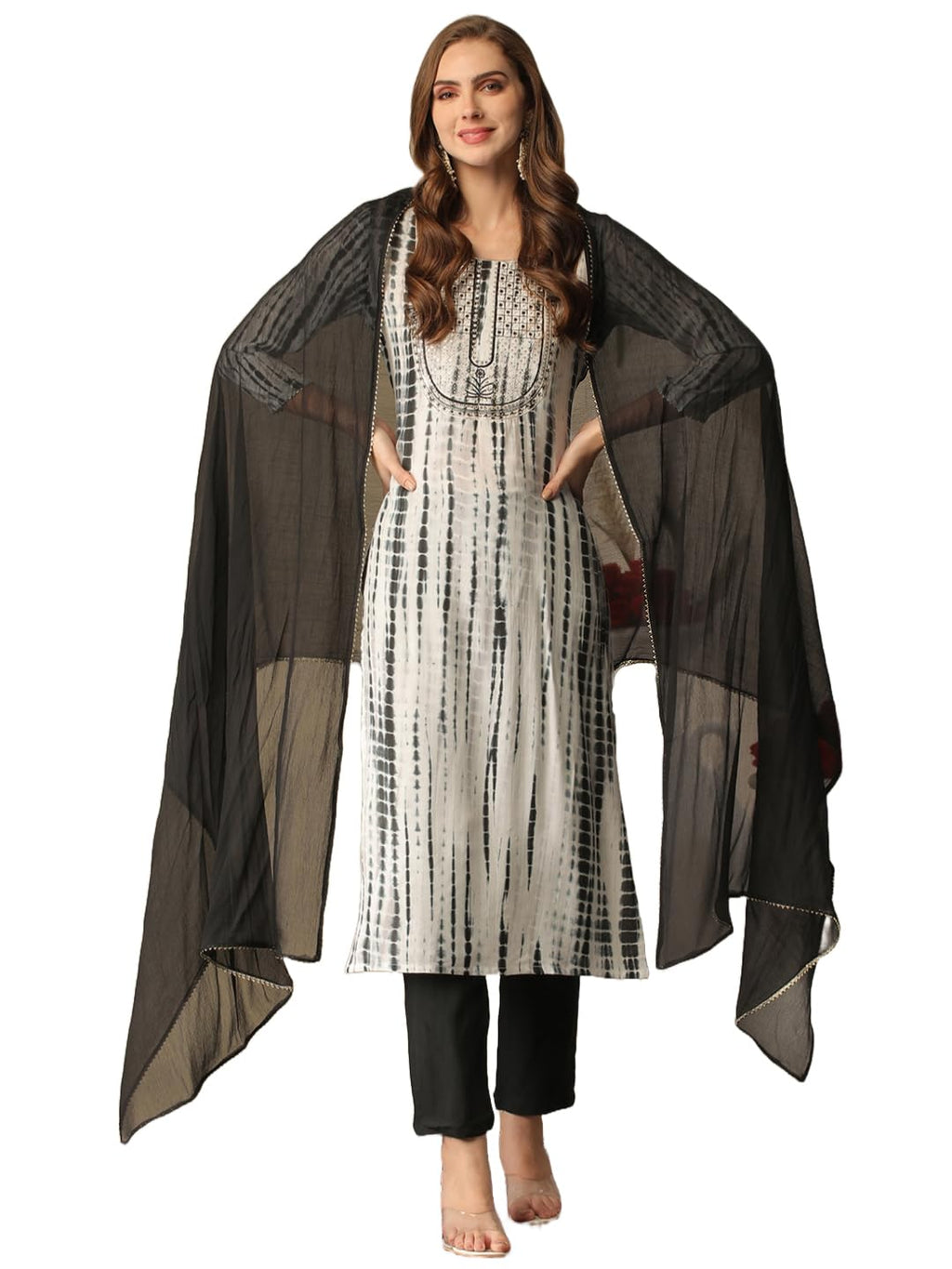ANNI DESIGNER Ladies Rayon Blend Dupatta Kurta Trousers, Black, S