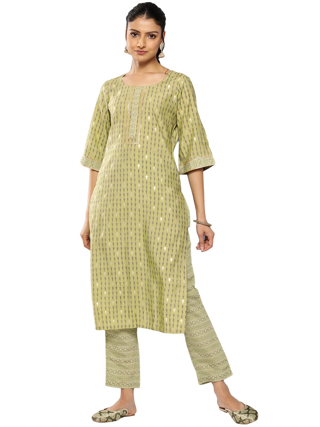 Libas Green Printed Silk Blend Straight Kurta With Trousers