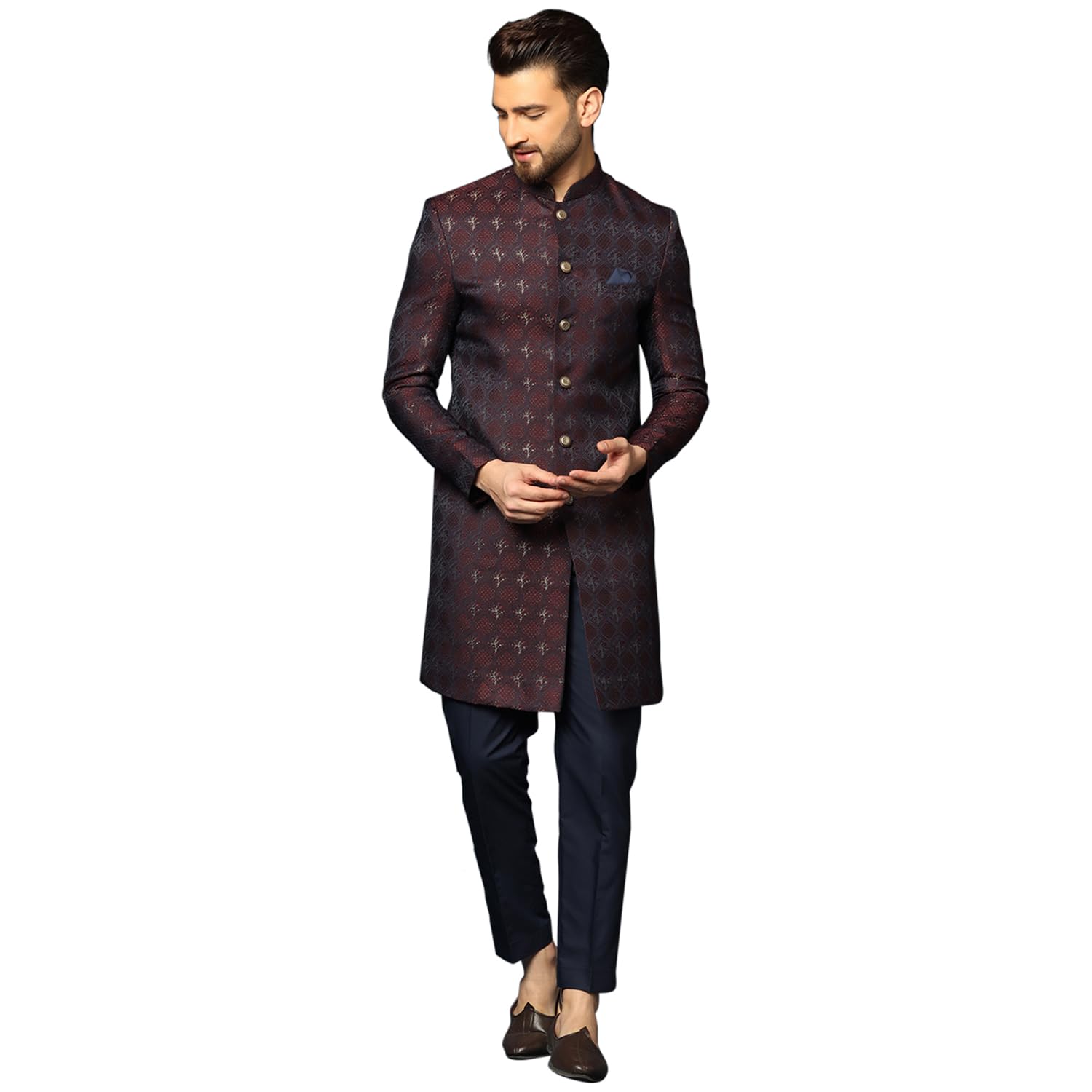 Kisah MenS Purple And Navy Blue Sherwani Trousers Set, Cotton Full Sleaves, Knee Length, Straight, Regular Fit, Mandarin Collar