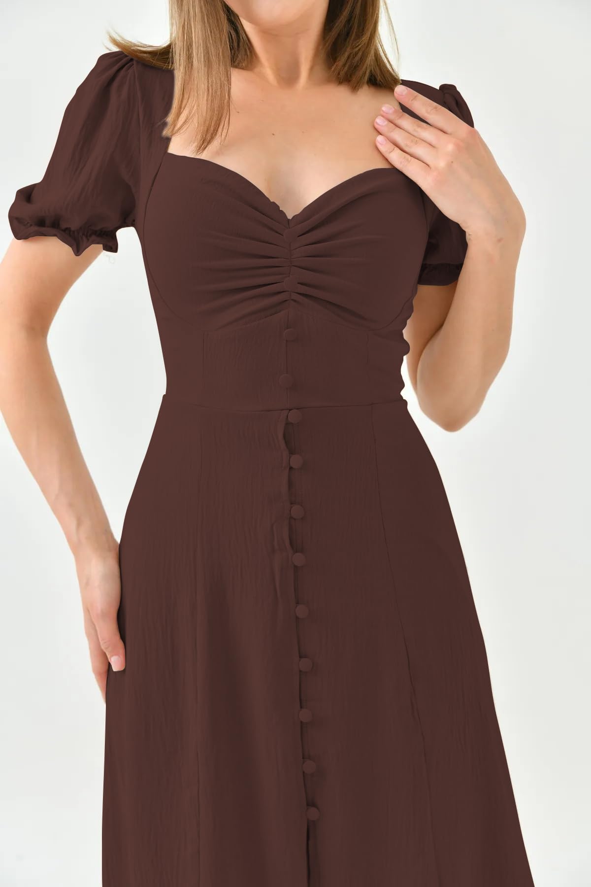 Shasmi Girls & Womens Solid Brown Midi Dress  Elegant Square Neck Button-Down Dress with Puff Short Sleeves | Stylish Casual &