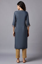 Aurelia Women'S Viscose Grey Floral Band Collar Straight Kurta