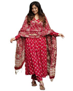ANNI DESIGNER Womens Rayon Blend Anarkali Printed Kurta with Pant & Dupatta (OOH Red_L_Red_Large)