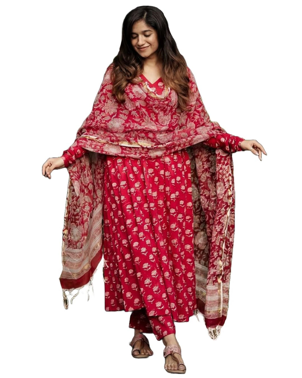 ANNI DESIGNER Womens Rayon Blend Anarkali Printed Kurta with Pant & Dupatta (OOH Red_XXL_Red_XX-Large)