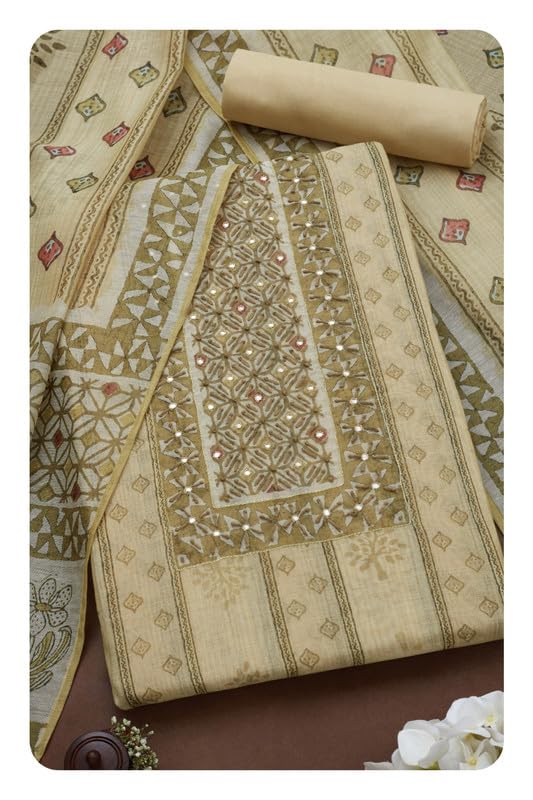 Soch Women Chanderi Botanical Print Unstitch Dress Material with Faux Mirror