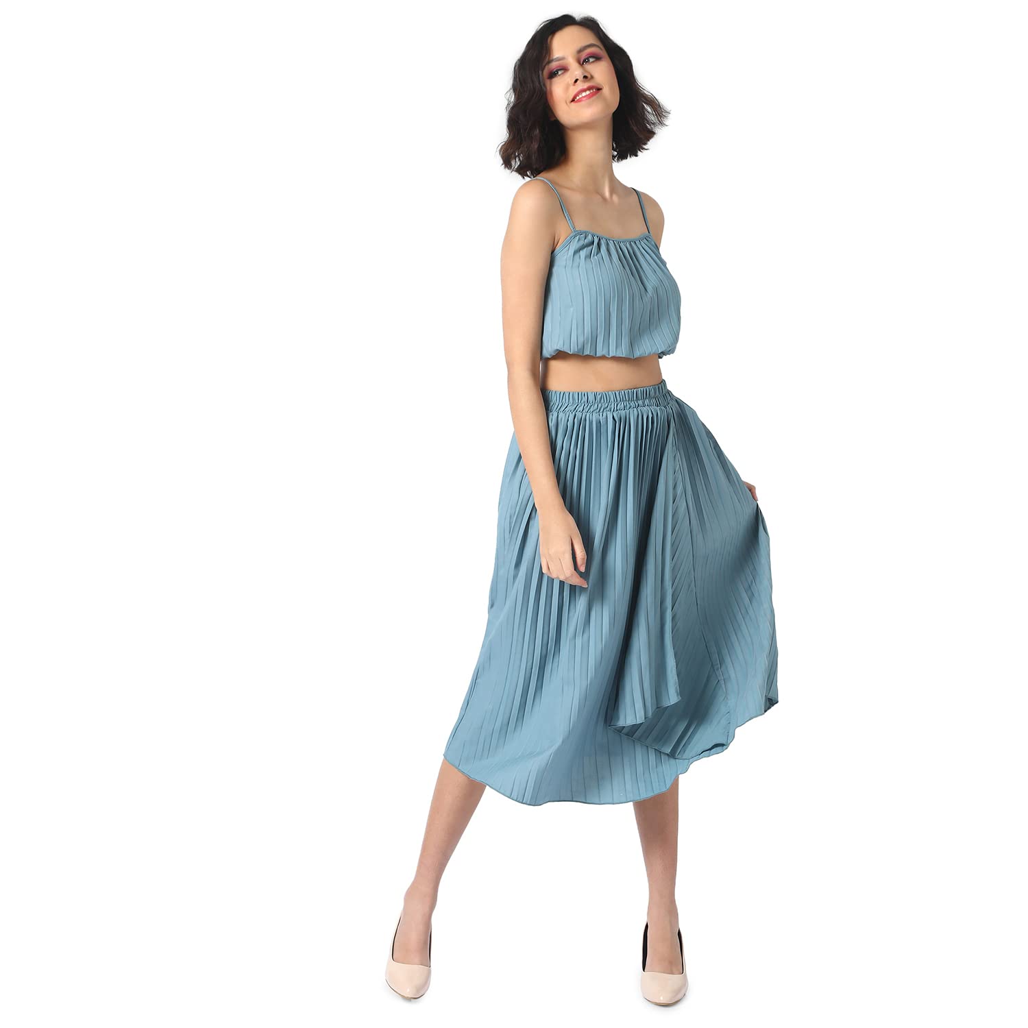 Campus Sutra Women Solid Stylish Casual Co-Ord Set (Skirt & Top)(Susu22_Cswssco5115_S) Light Blue