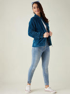 Modeve Women Solid Full Sleeve Jacket For Winter Blue Jacket For Winter