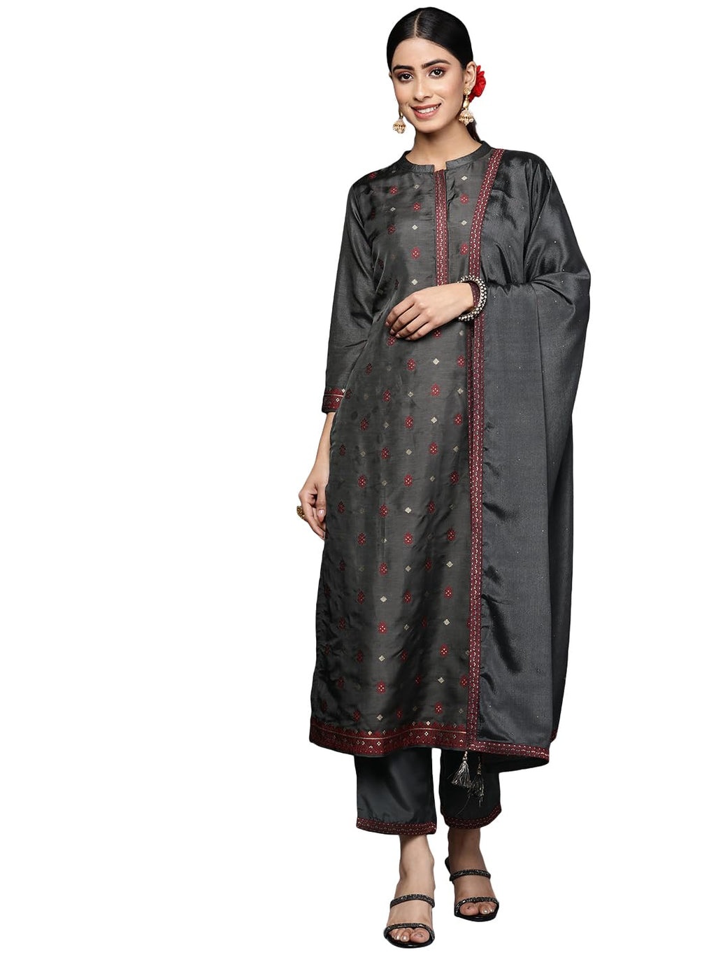 Libas Womens Self Design Silk Blend Straight Kurta With Trousers And Dupatta