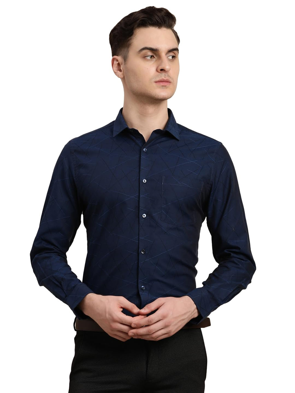 Turtle Men Giza Cotton Navy Blue Jacquard Slim Fit Party Shirt