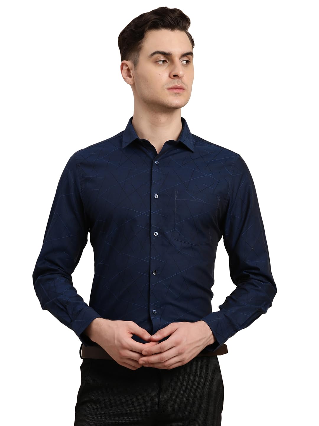 Turtle Men Giza Cotton Navy Blue Jacquard Slim Fit Party Shirt