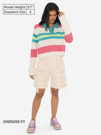 The Souled Store Lemonade Women and Girls Long Sleeves Collared Neck Multicolor Colourblocked Acrylic Oversized Cropped Sweaters