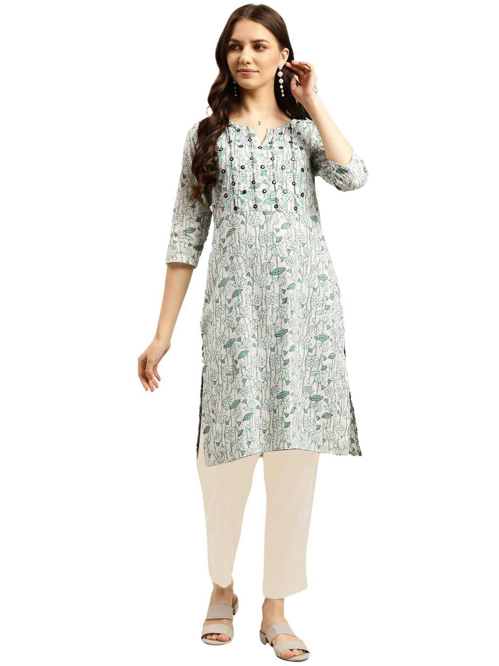 Rangita Green Cotton Printed Straight Kurta With Pant | Kurta Set For Women_M