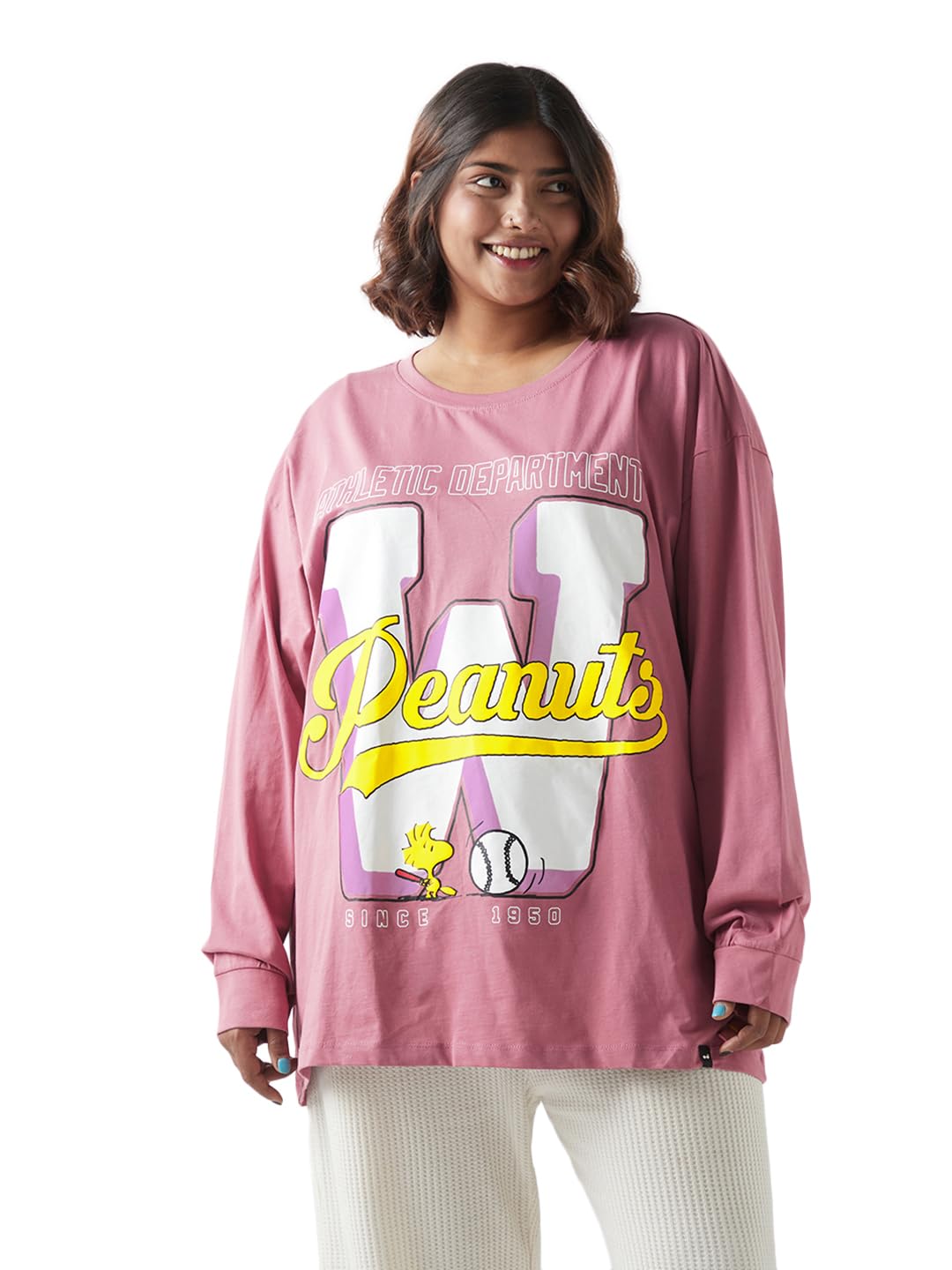 Bewakoof Official Peanuts Merchandise Womens Typography Oversized Fit Full Sleeve Round Neck Cotton Jersey Plus Size T-Shirt_62