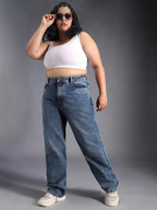 High Star Women Plus Size Straight Fit Pure Cotton High-Rise Light Fade Jeans