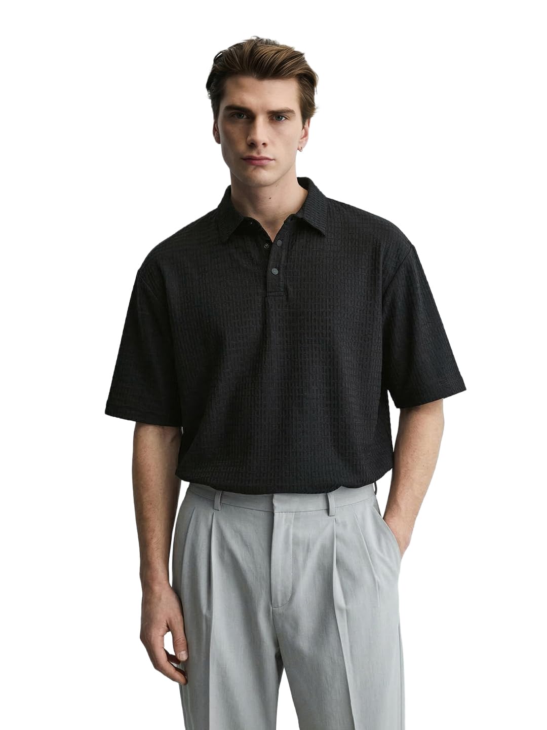 The Indian Garage Co Mens Boxy Half Sleeves Textured Round Neck T-Shirt