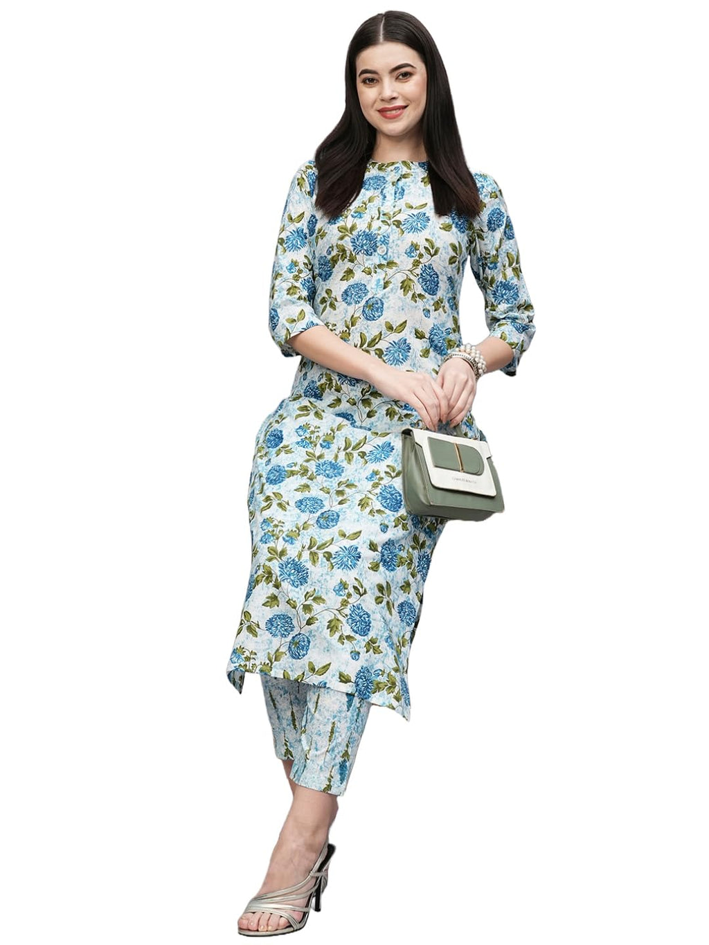 ANNI DESIGNER Womens Cotton Blend Straight Printed Kurta with Pant (Dafiya Blue_L_Blue_Large)