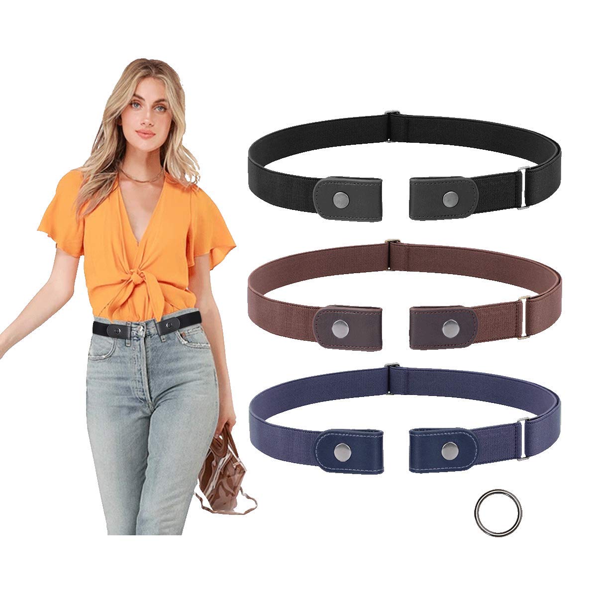 3 Pieces No Buckle Belt Women Belts Suosdey Buckle Free Invisible Elastic Belt For Jeans Pants,Black/Blue/Coffee,3448 34-48