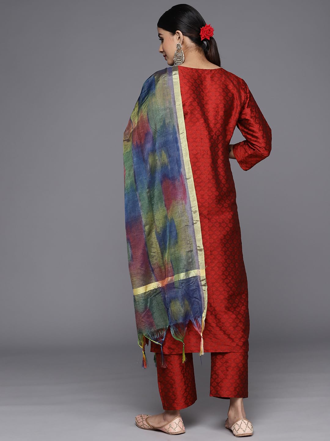 Varanga Women Peach Floral Printed Kurta Paired With Straight Trouser And Solid Tonal Dupatta