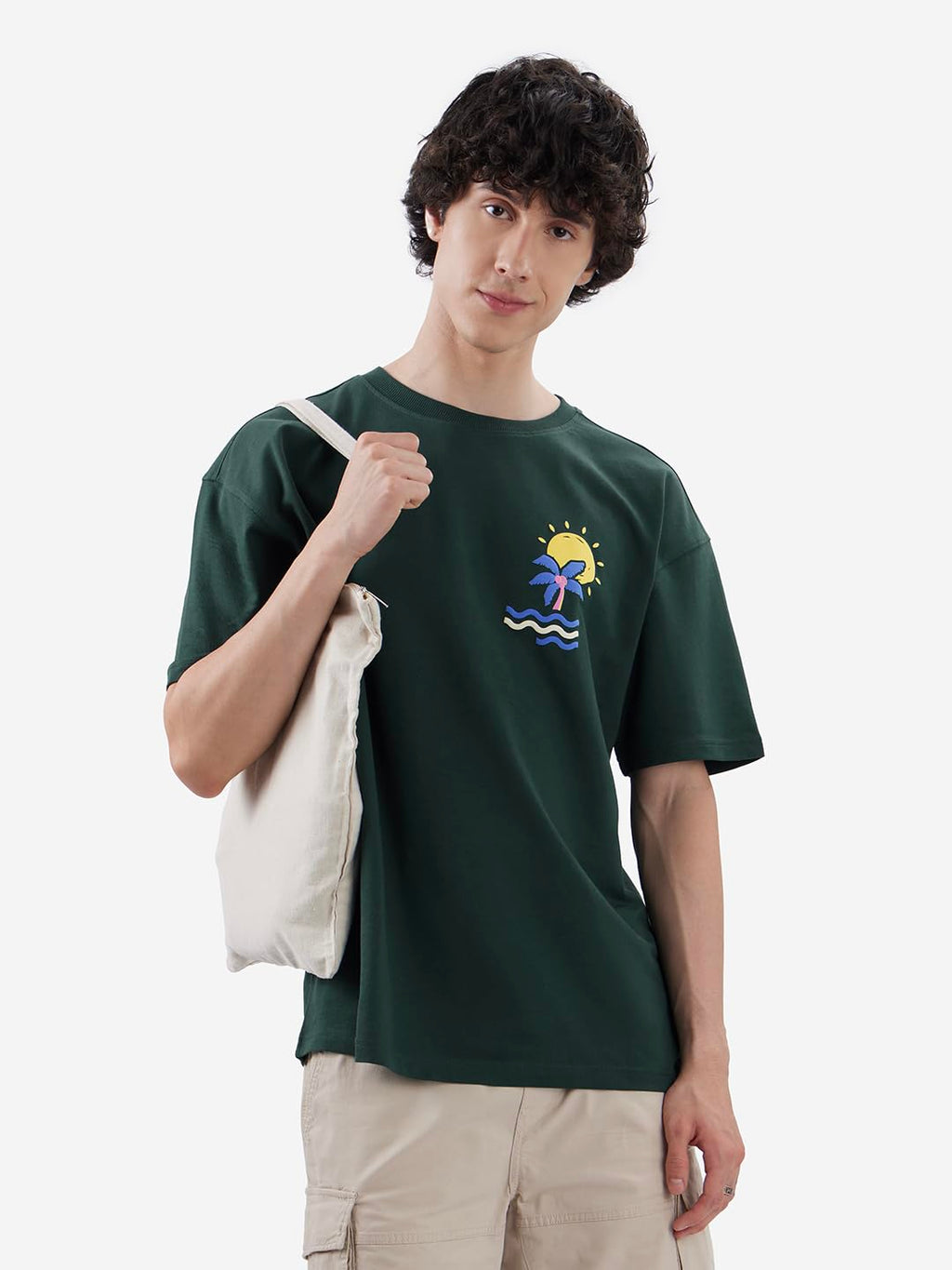 The Souled Store at The Beach Men and Boys Short Sleeves Round Neck Green Graphic Printed Cotton Oversized T-Shirts