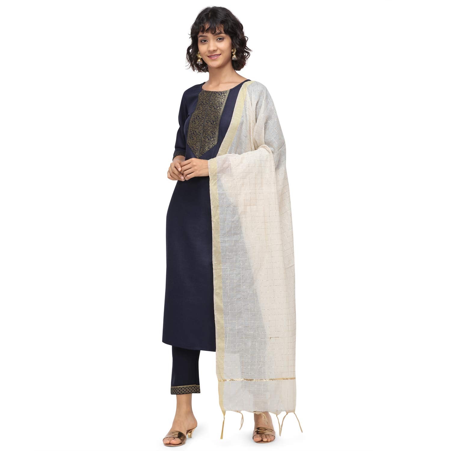 Nainvish Women'S Cotton Blend A-Line Embellished Kurti Pant With Dupatta (Sd095-Xl_Navy Blue)