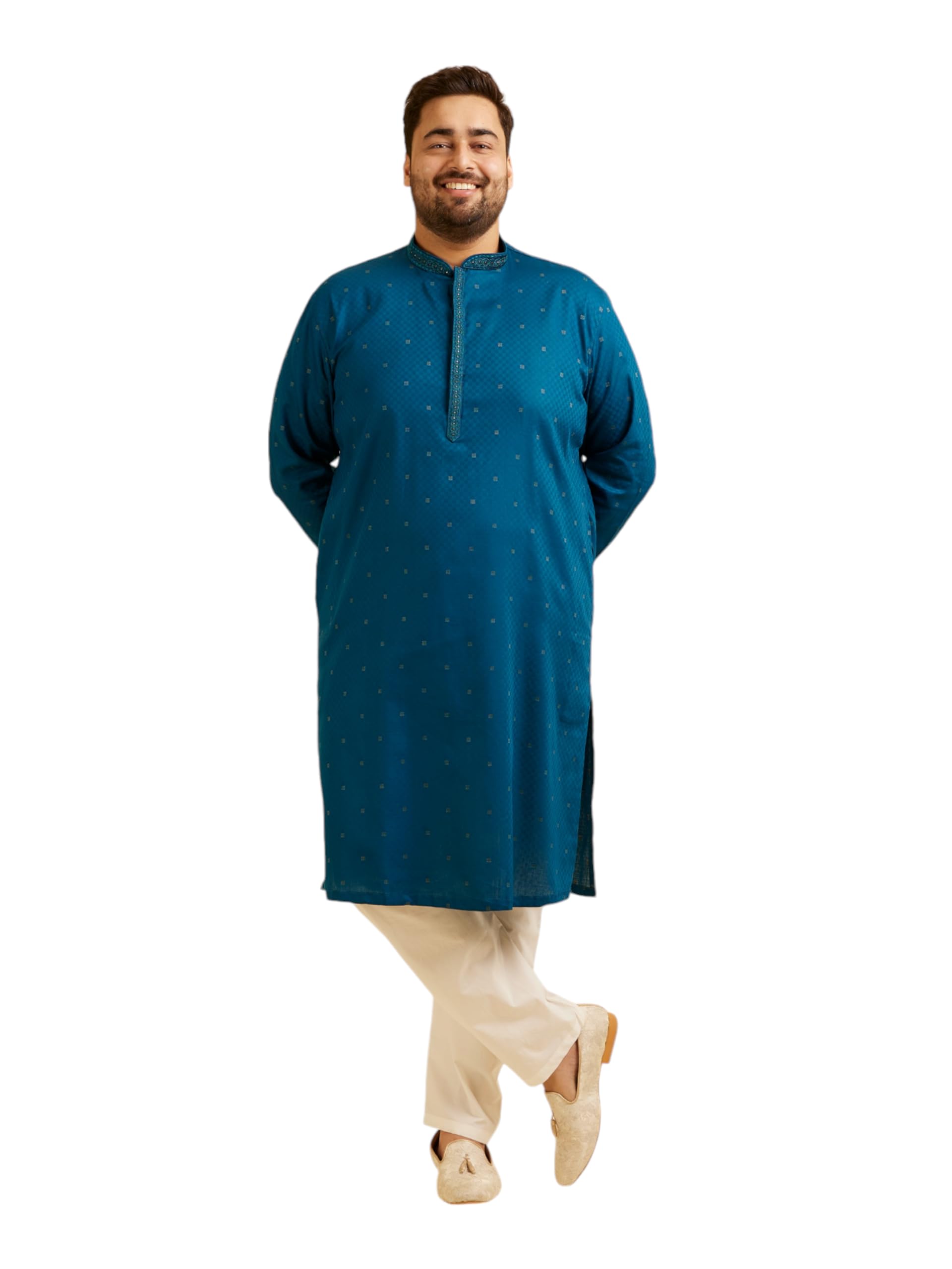 Manyavar Mens Cotton Self-Design Kurta Pyjama Set (Blue,04XL)