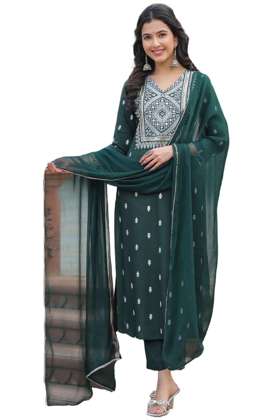 Gosriki Women'S Cotton Blend Straight Printed Kurta With Pant & Dupatta (Sawre Green-Gs_S_Green_Small)