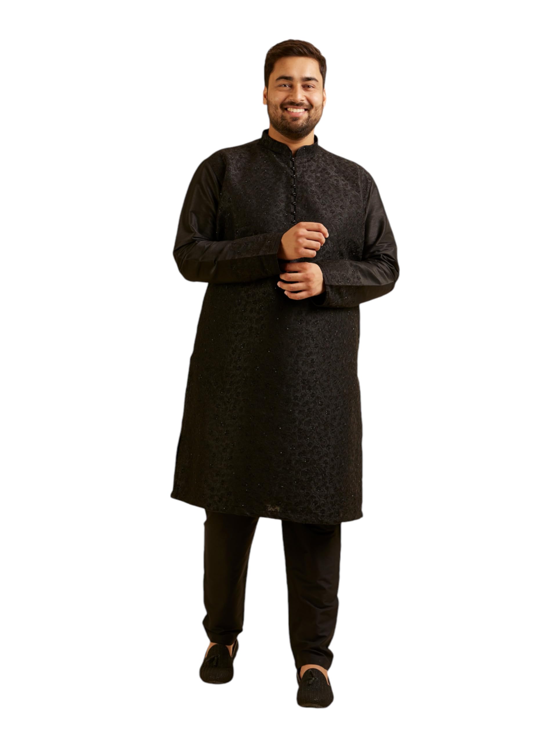 Manyavar Mens Silk blend Embroidered Kurta Pyjama Set (Black,05XL)