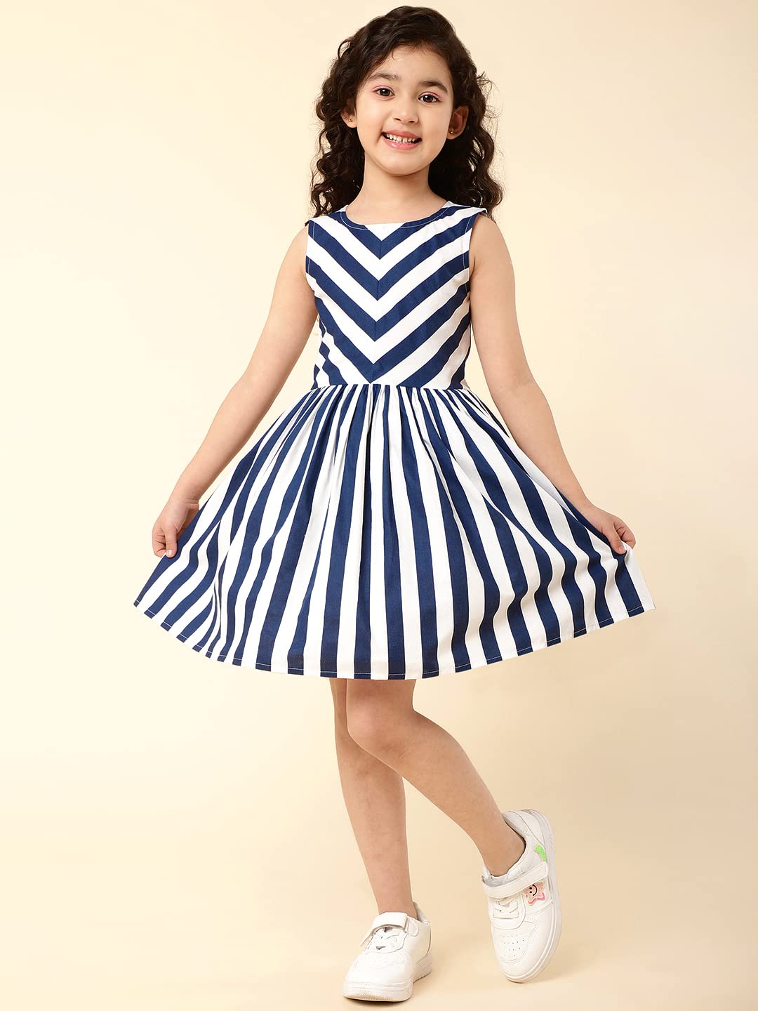 A.T.U.N. (ALL THINGS UBER NICE) Girls Navy Stripe Sleeveless Fit and Flare Knee Length Dress