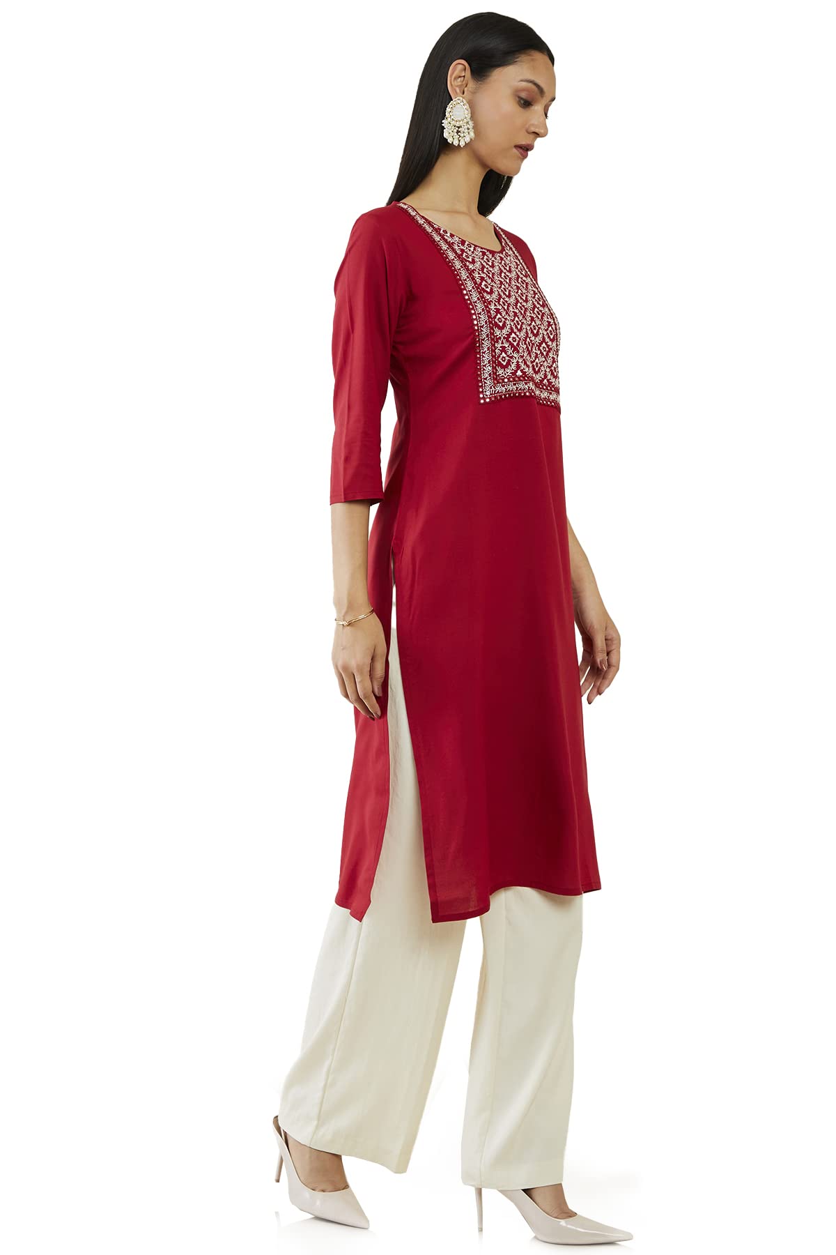 Soch Women Maroon Rayon Embroidered Kurta