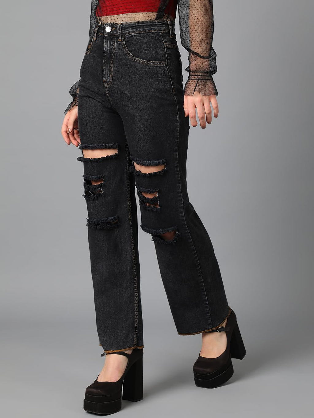 Kotty Women High Rise Cotton Lycra Distressed Jeans