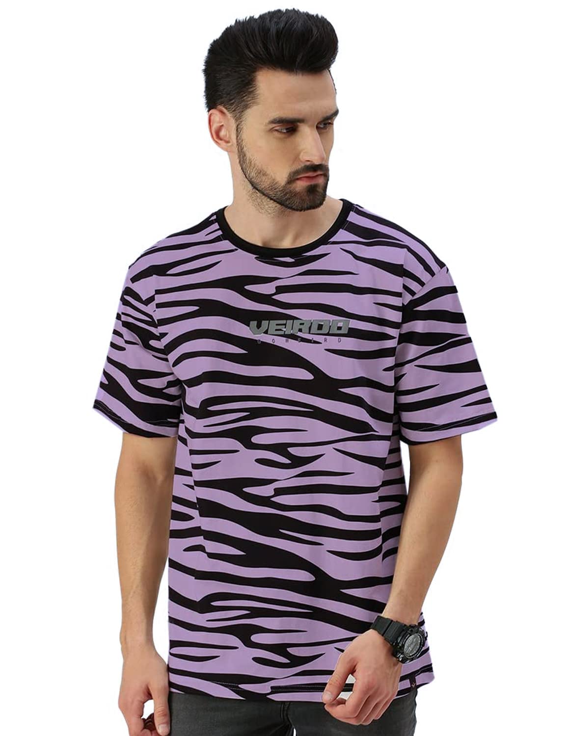 Veirdo Men's Oversized Zebra Printed Short Sleeve T-Shirt