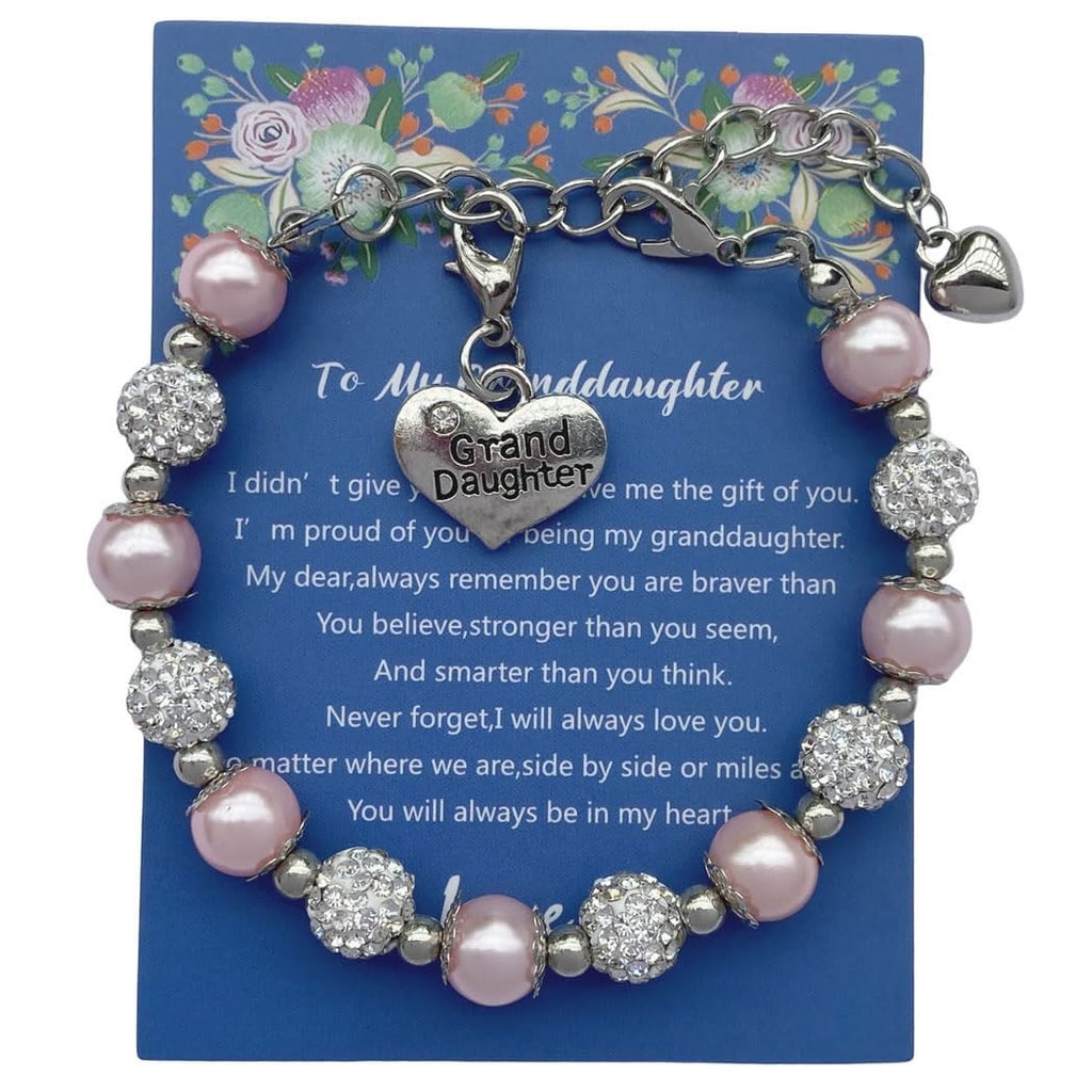 DOLON Pink Faux Pearls Beaded Heart Charm Granddaugther Bracelet Jewelry with Rhinestone Balls Faux Pearl Birthday Christmas Hol