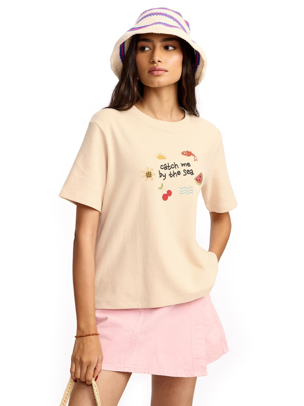 The Souled Store by The Sea Women and Girls Short Sleeves Round Neck Cotton Relaxed Fit T-Shirts Off White