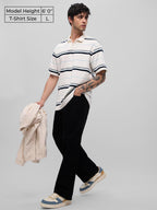 The Souled Store Popcorn Stripes: Nautica Men and Boys Short Sleeves Collared Neck White Striped Cotton Blend Oversized Polos