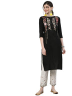 Ishin Women'S Pure Cotton Black & Off White Embroidered Straight Kurta Trouser Set
